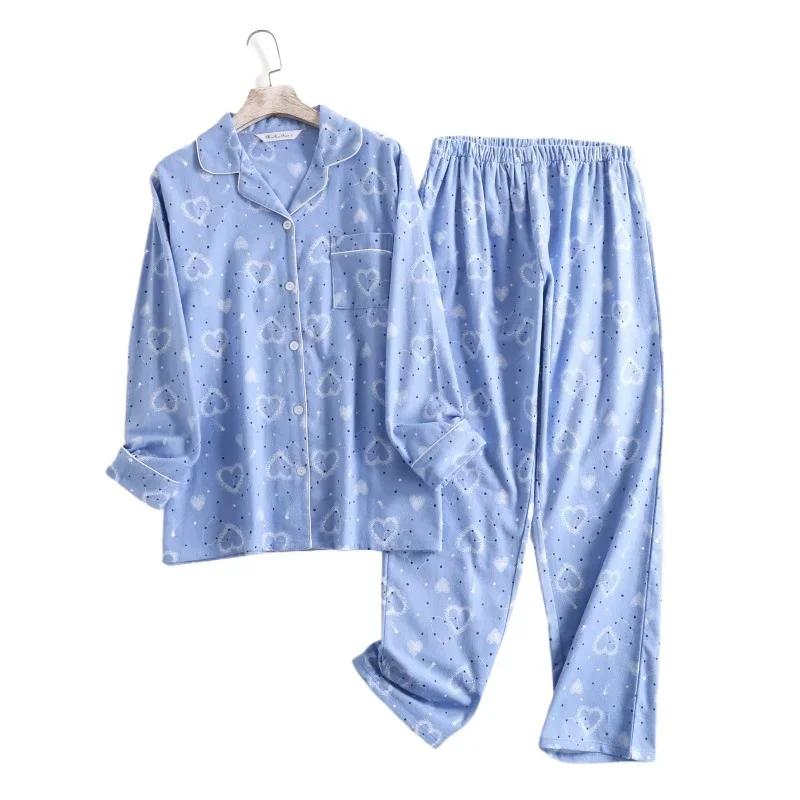 Cotton Flannel Women's Long Pants Pajamas Sets for Sleepwear Plaid Design Loose Autumn and Winter Long Sleeve Trouser Suits