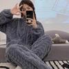 Casual Warm Coral Fleece Pajamas Thick Jacquard Flannel Women Winter Turtleneck Sleepwear Trouser Suits Homewear Loungewear