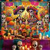 Mexican Culture Event Background with Marigolds and Papel Picado Flags