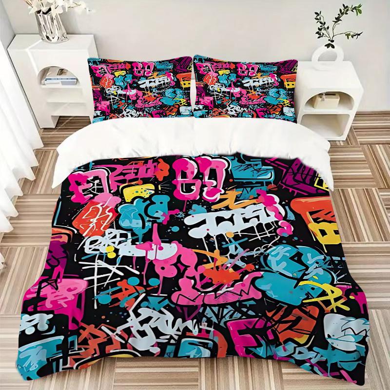 3pcs Graffiti Art Bedding Set - Includes One Quilt Cover and Two Pillowcases (No Core) - Home Decor, Festival Gift, Polyester Fabric, Anime Cartoon De