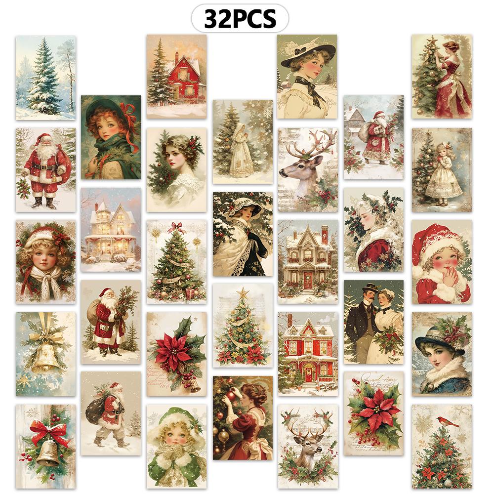 32pcs, Vintage Christmas Postcards, Christmas, Birthday/Anniversary Gifts, Collectibles, Perfect for Gifting, Mail-Ready.