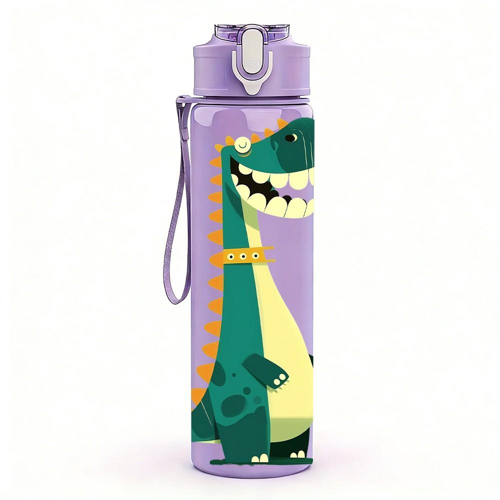 1PC Green Dinosaur Cartoon Dino Print 750ml Color Plastic Sports Water Bottle Leakproof Flip Straw Lid Suitable for Sports Office Home Use