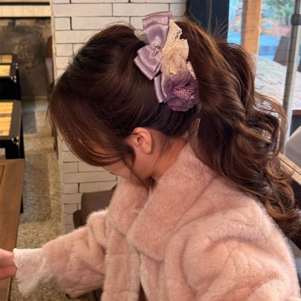 Elegant Flower Banana Clip Korean Style Women Ponytail Holder Purple Mesh Vertical Clip Banquet