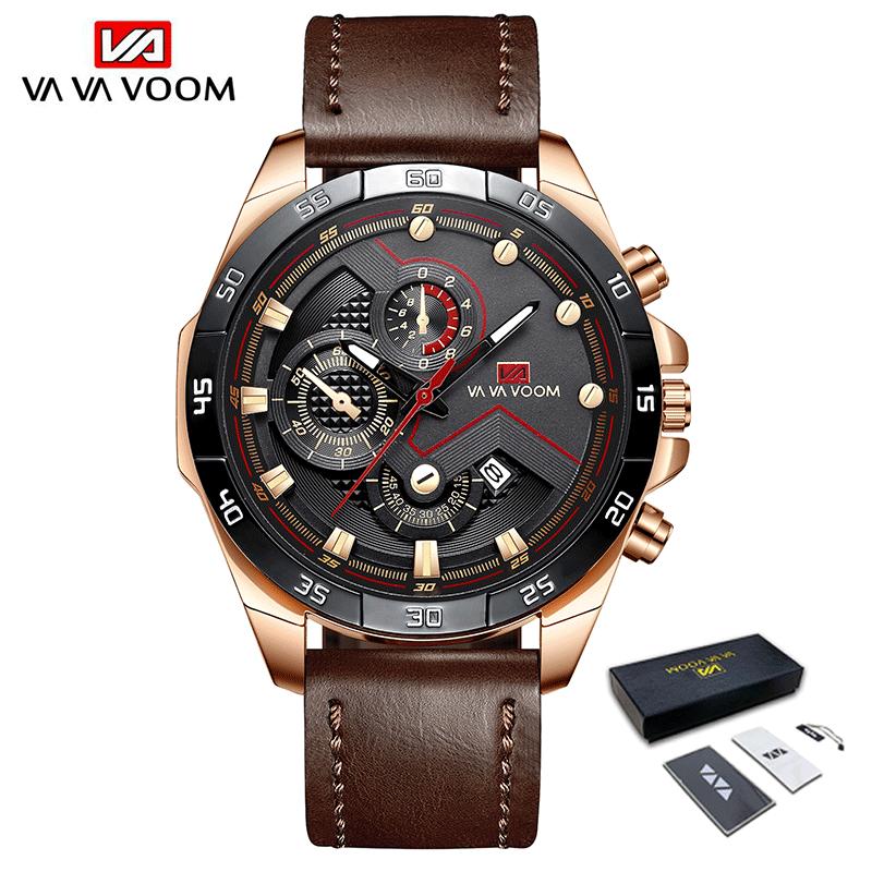 VA VA VOOM Спортивные часы для мужчин, модные кварцевые часы, лучший бренд класса люкс в стиле милитари, водонепроницаемые наручные часы из нержавеющей стали с хронографом и кожаным ремешком