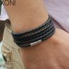 Black Retro Wrap Long Leather Bracelet Men Bangles Fashion Sproty Chain Link Male Charm Bracelet with