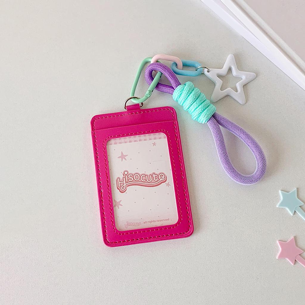 Cute PU Leather Card Sleeve Ins Candy Color Woven Rope Keychain Photo Card Holder Star Pendent Bus Card Storage Bag