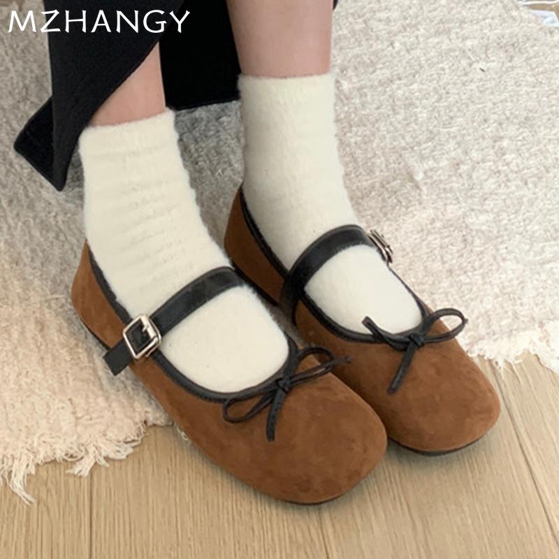 Модные женские замшевые балетки с короткими каблуками, туфли-лоферы с бантом, женская обувь 2025 года, повседневная обувь для ходьбы, зимняя обувь Мэри Джейн, Zapatillas