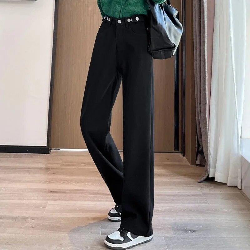 Casual Loose Straight Pants With Pockets Fashion Denim Jean For Women Autumn Streetwear Softener High-waist Jean Pantaloni 29282