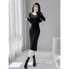 Womens Black Knit Midi Dress Long Sleeve V-Neck Slim Fit High Waist Elegant Office Wear Winter Layering Piece