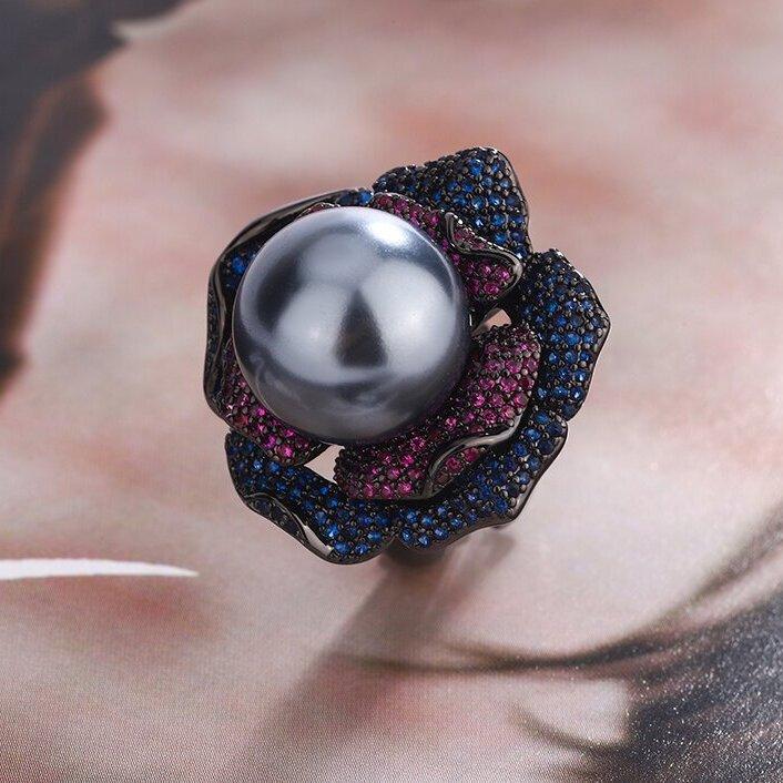 Стильная атмосфера трехмерное кольцо с цветочным жемчугом, австралийские белые желтые бусины, серые бусины, открытое кольцо, слегка оправленное в красные и синие бриллианты