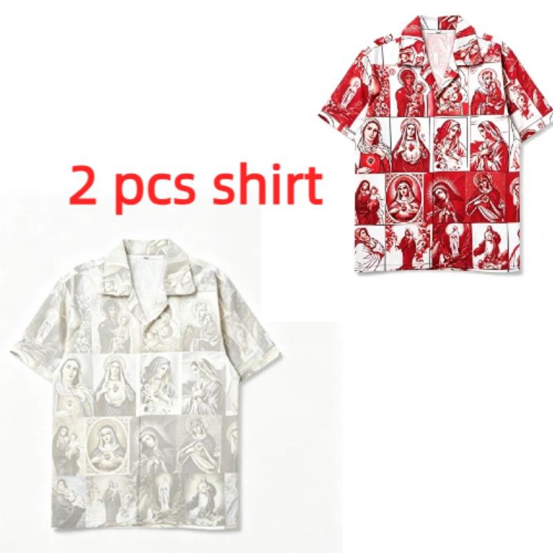 Summer Fashion Vintage Virgin Mary Printing Shirt Hawaiian Beach Vacation Clothing Men's Street Style Shirt Daily Men's and Women's Shirt