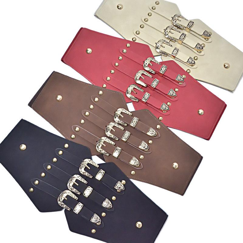 Women's Retro Faux Leather Belt with Rivet Pin Buckle - Versatile Wide Waistband Accessory