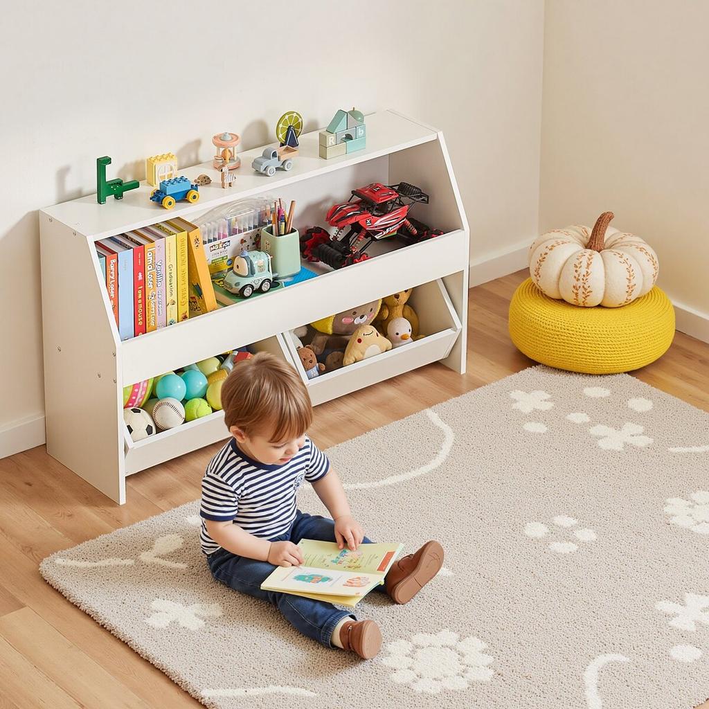 Toy Storage Organizer, Wooden Kids Bookshelf with Storage, Toy Storage Cabinet with 2 Mobile Drawers, Kids Storage Organizer for Bedroom, Nursery,