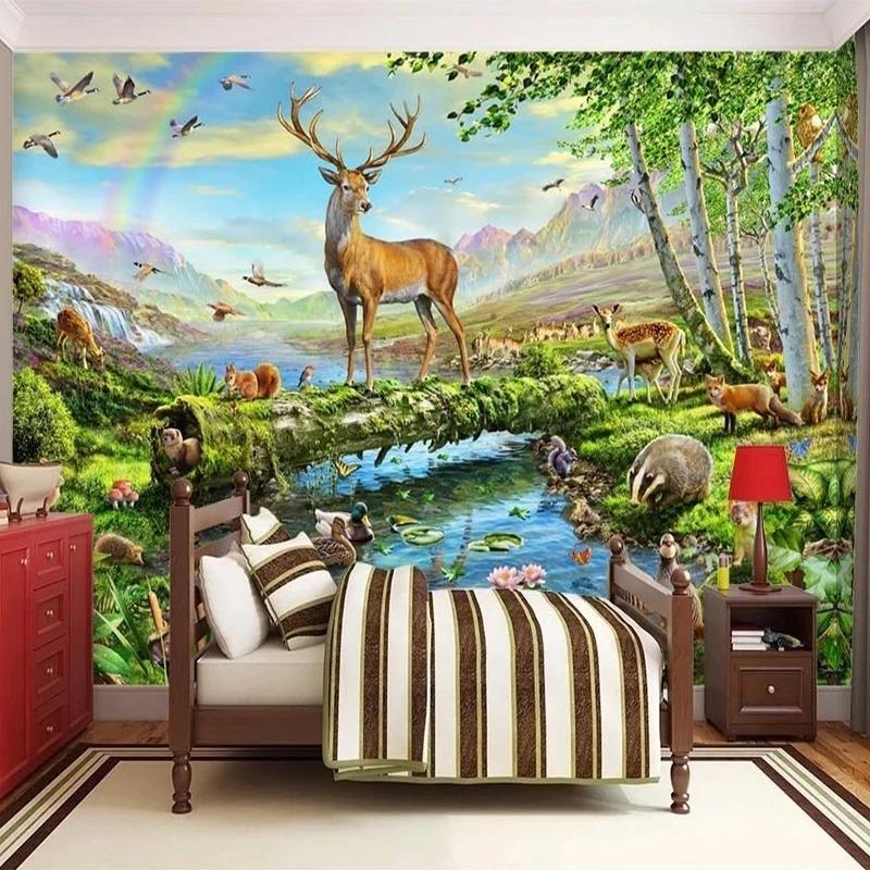 3D обои с изображением оленя, реки, животных, лесного пейзажа, фотообои для детской комнаты, фоновые обои