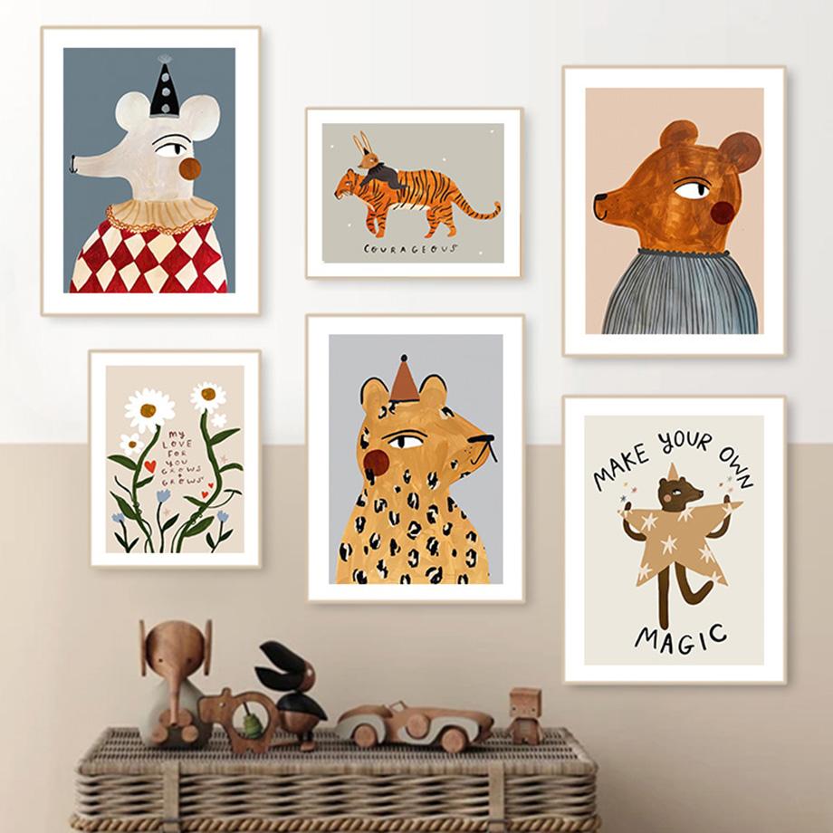 Леопардовый кролик, медведь, тигр, мышь, Радуга, забавная настенная живопись на холсте, плакаты на скандинавскую тему и принты, настенные панно, декор для детской комнаты, без рамки