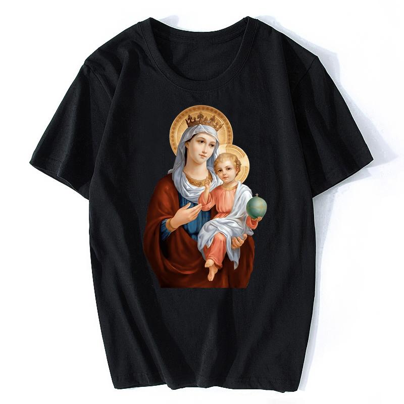 Catholic Tshirt Mary Blessed Mother Tshirt Black Unisex Designs Summer Cotton Oneck T Shirt Funny Tees Unisex Clothing