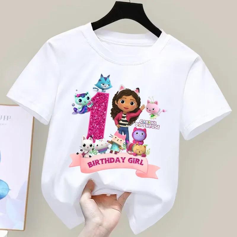 Tshirt with Gabbys Dollhouse birthday number for girls white and pink shortsleeve Tshirts party supplies