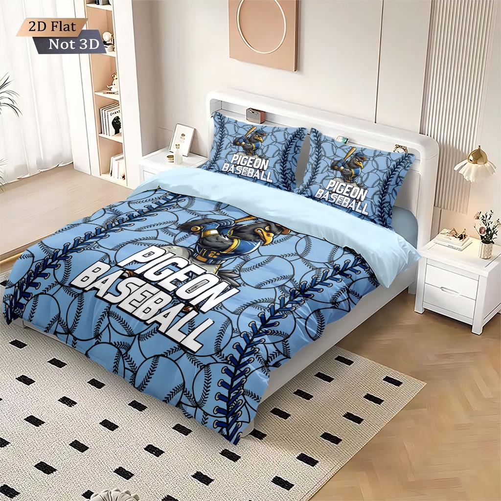 3Pcs Cartoon Pigeon Baseball Pattern Print Coreless Down Duvet Cover Set Multi Size Bedroom Bedding Decoration Machine Washable