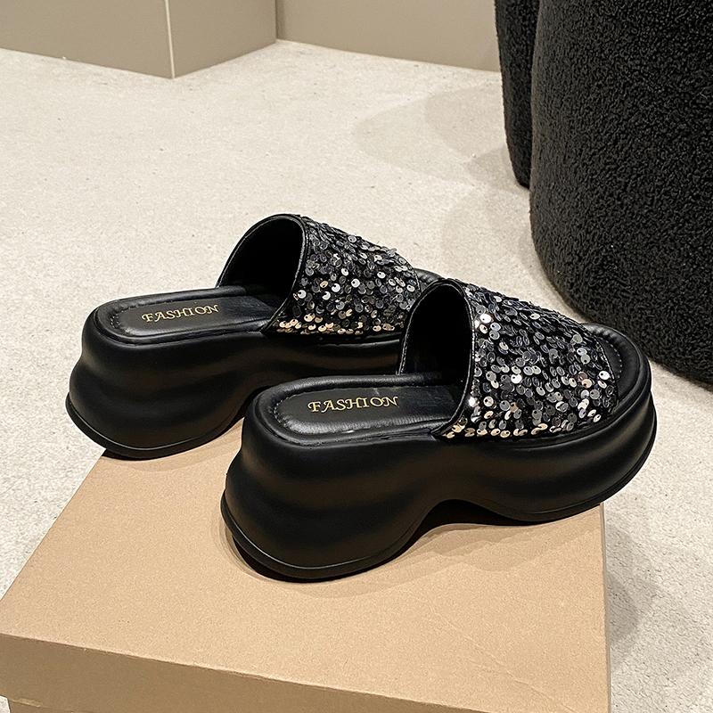 Fashion 7CM Bling Platform Wedge Slippers Women New Summer Shoes Outdoors Breathable Slides Beach Leather Flip Flops Shoe Chunky Sandals