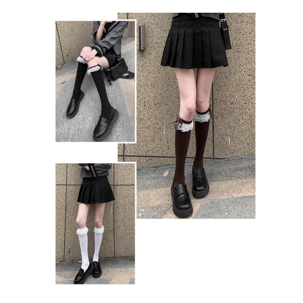 Носки JK Hottie Lolita, кружевные носки из телячьей шерсти, носки Lolita Medium Long Bow Cotton Socks, весна, осень, зима