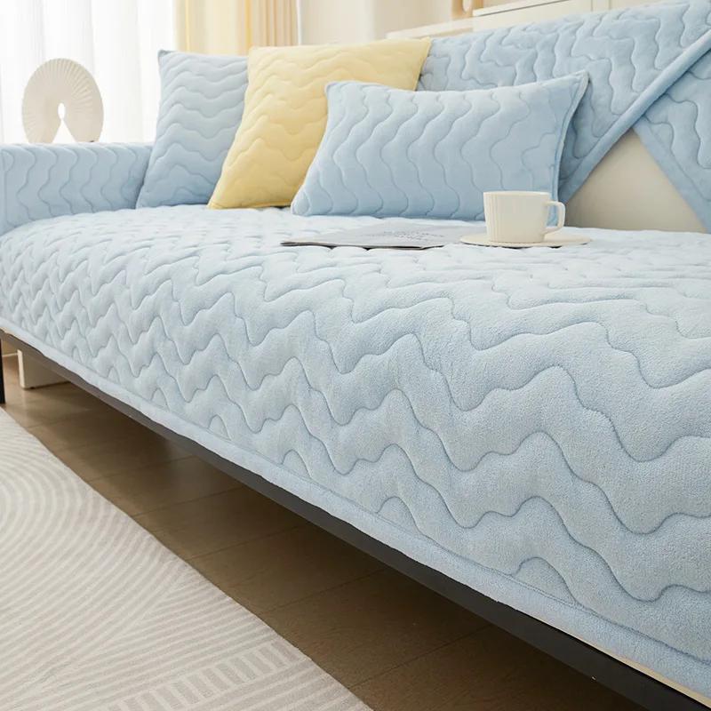 Чехол для дивана с волнистыми линиями, зимнее утолщение, теплое плюшевое полотенце для дивана, нескользящее кожаное универсальное однотонное диванное полотенце для гостиной