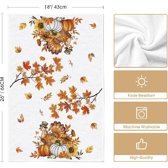Artoid Mode Sunflower Pumpkin Turkey Thanksgiving Kitchen Towels Dish Towels, 18x26 Inch Farmhouse Holiday Decoration Cleaning Set of 2