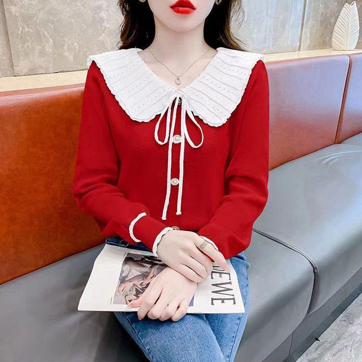 Вязаный свитер с бантом и кукольным вырезом, с длинными рукавами, модная верхняя одежда на осень и зиму со шнуровкой, излучающая чувство темперамента и стиля