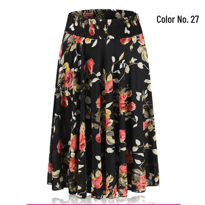 Women's Summer Floral Ice Silk Pleated Skirt - Mid-Length with Elastic Waist
