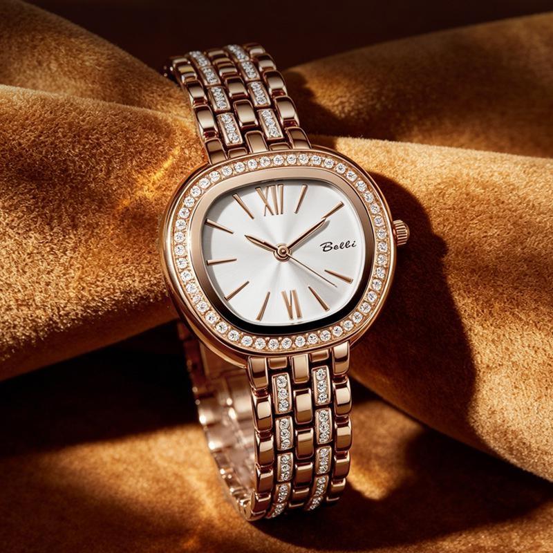 Womens Elegant Rhinestone Wrist Watch Waterproof Classic Roman Dial Ladies Dress Watch Alloy Strap