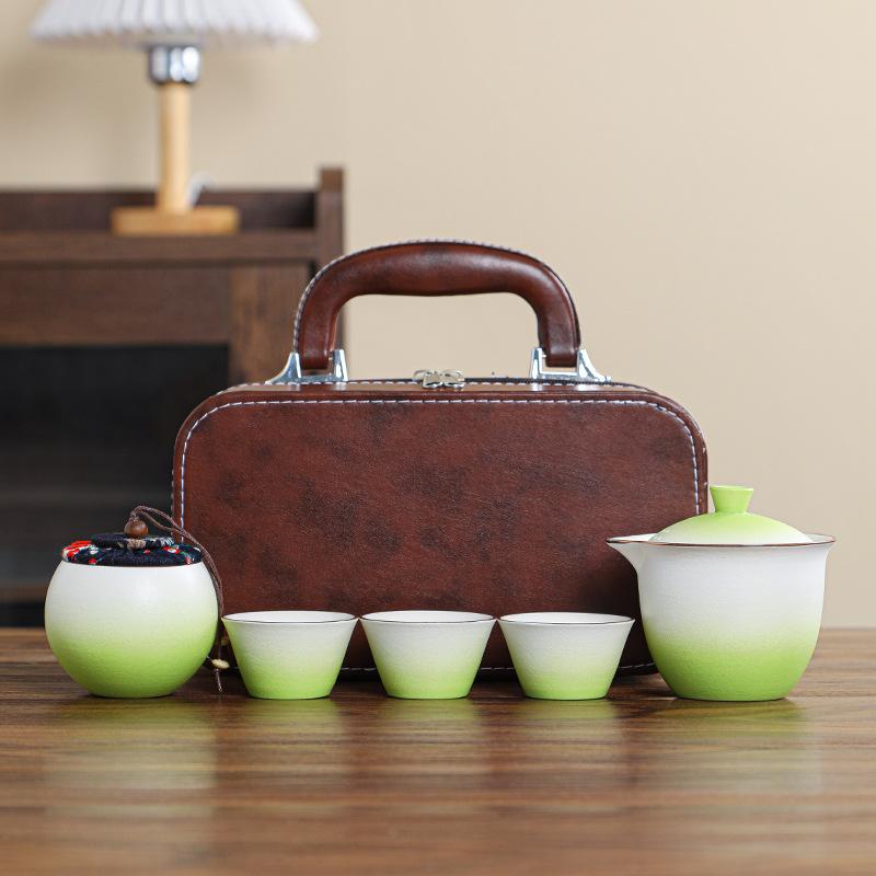 Coarse pottery gradual change glaze outdoor camping express travel tea set convenient kung fu tea set teapot tea cup gift box