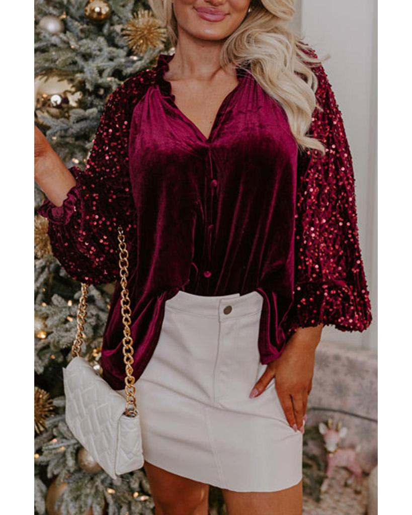 Azura Exchange Red Dahlia Sequin Patchwork Sleeve Button Up Velvet Top