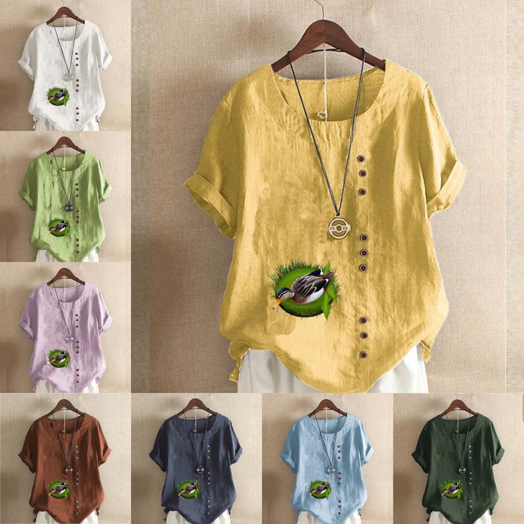 Women's Fashion Duck Prined Round Neck Short Sleeve T-shirt Casual Cotton Linen Graphic Shirt Leisure Loose Summer Blouse Tops