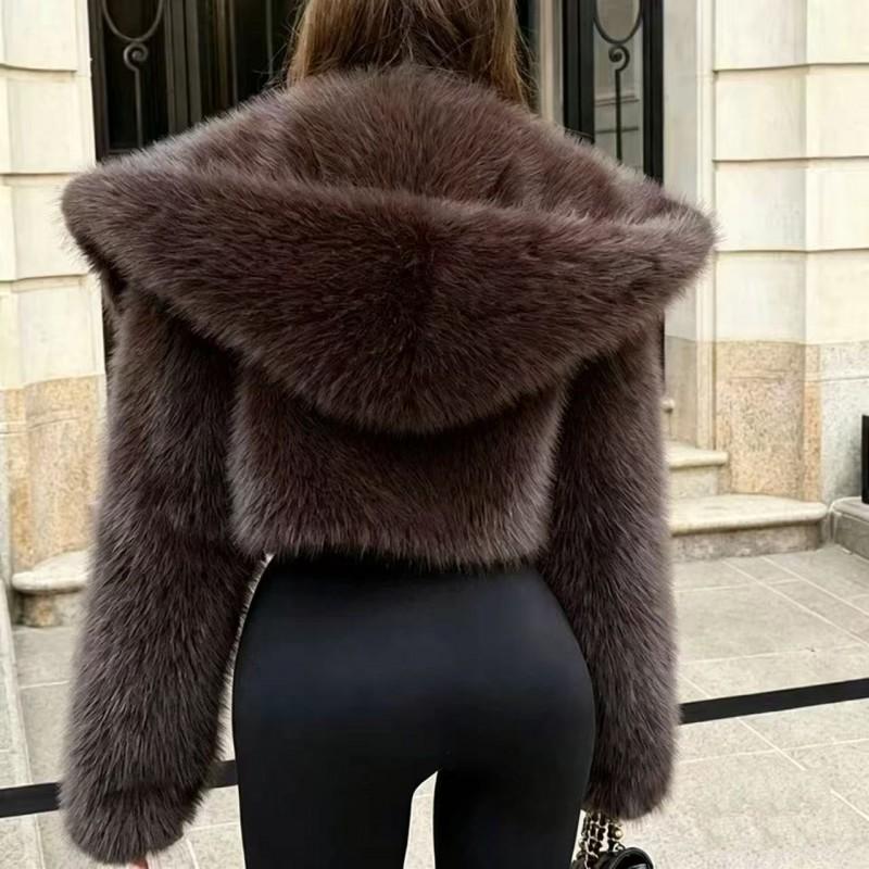 Womens Pink Faux Fur Hooded Jacket Loose Fit Short Winter Coat Streetwear Style