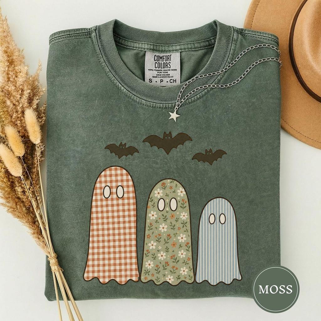 Three Patterned Ghosts in a Row Shirt, Gingham Ghost Tee, Cottagecore Halloween Gift, Cute Ghost Tee, Spooky Season Tee, Fall Tee