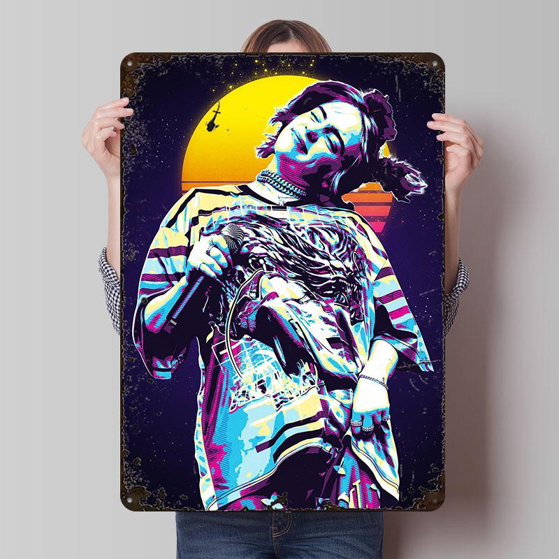 Billie Eilish Retro Pop Art Portrait Printed Poster Customized Wall Art Retro Vintage Metal Tin Signs for Room Desk Decor House