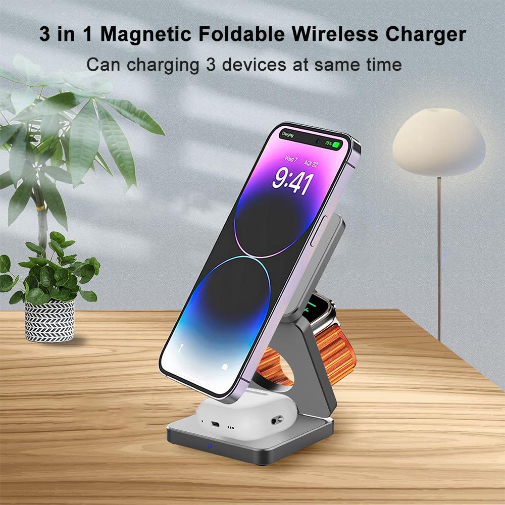 3 в 1 беспроводное зарядное устройство магнитная складная подставка для iPhone зарядное устройство быстрая зарядка для iPhone 16 15 14 13 12 Pro Max Watch