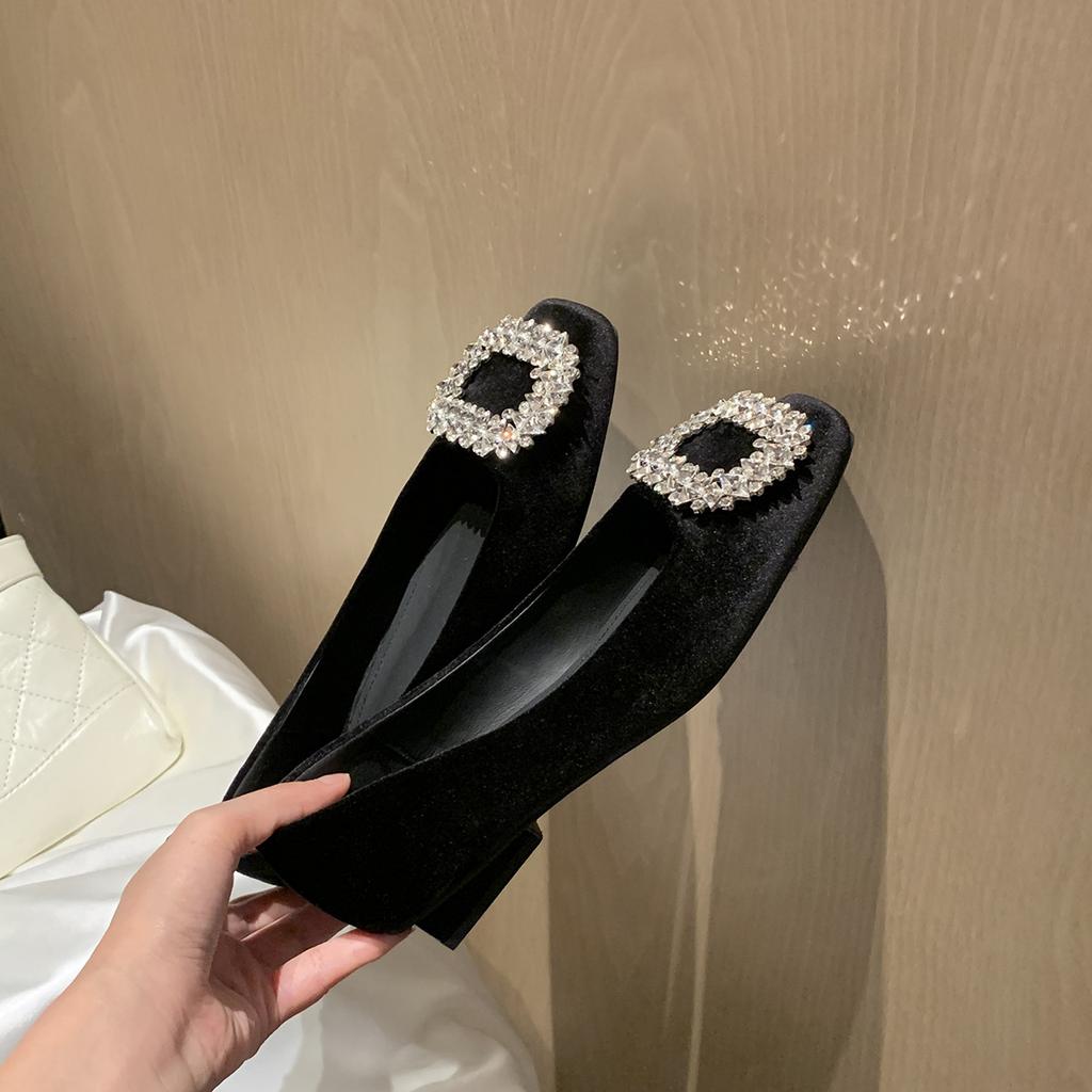 Sheepskin French Beautiful Small Single Shoes Women's 2025 New Commuter Velvet Surface Shallow Mouth Square Buckle Rhinestone Low Heel Flat Shoes