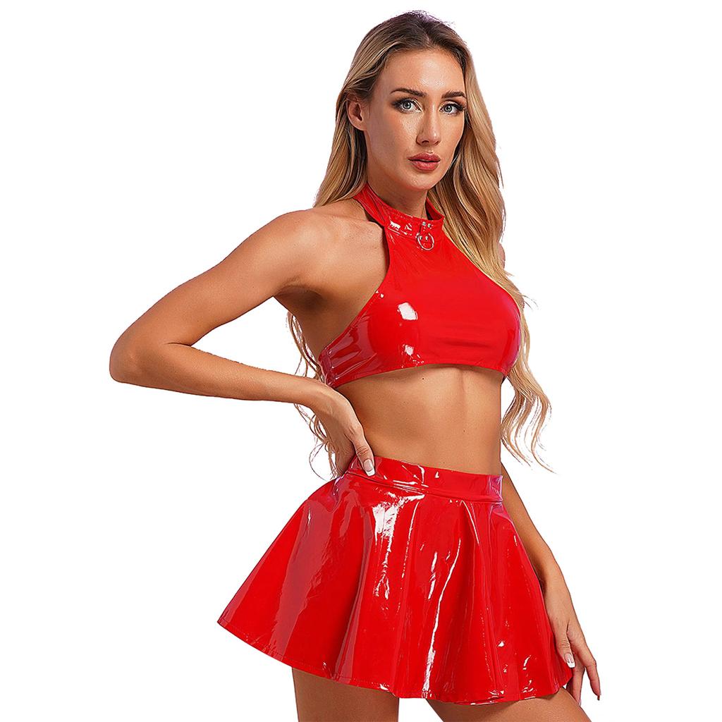 Womens Shiny Patent Leather Crop Top Vest with Mini Pleated Skirt Cheerleading Dance Set
