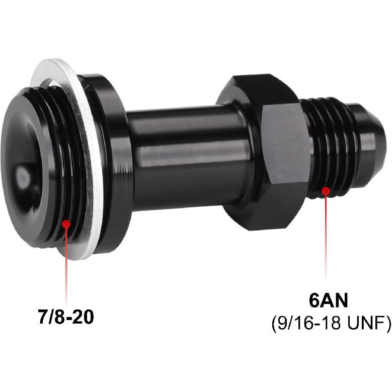 6AN Male Flare to 7/8-20 Carb Carburetor Inlet Fitting Adapter 2 Inch Long Aluminum Black