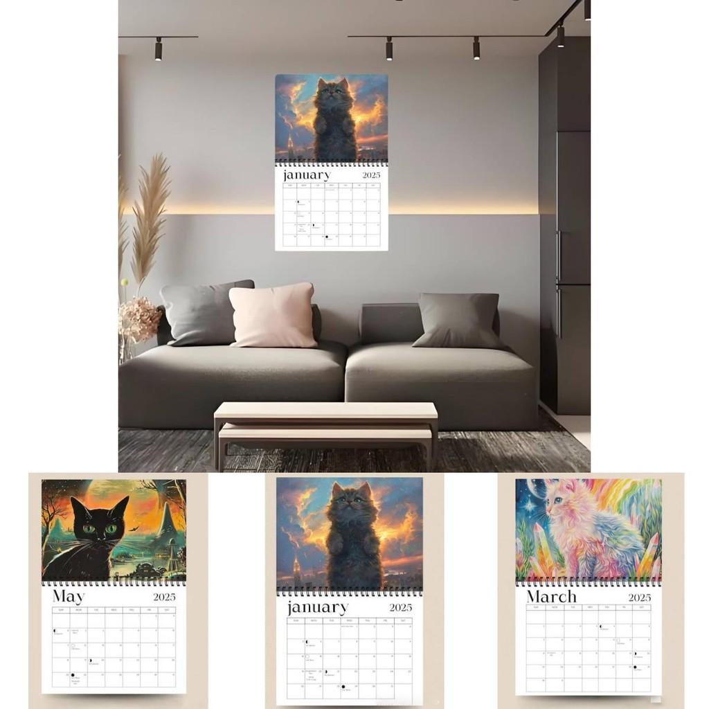 Adorable 2025 Cosmic Cat Wall Calendar With 12 Months Spiral Binding For Home Dcor
