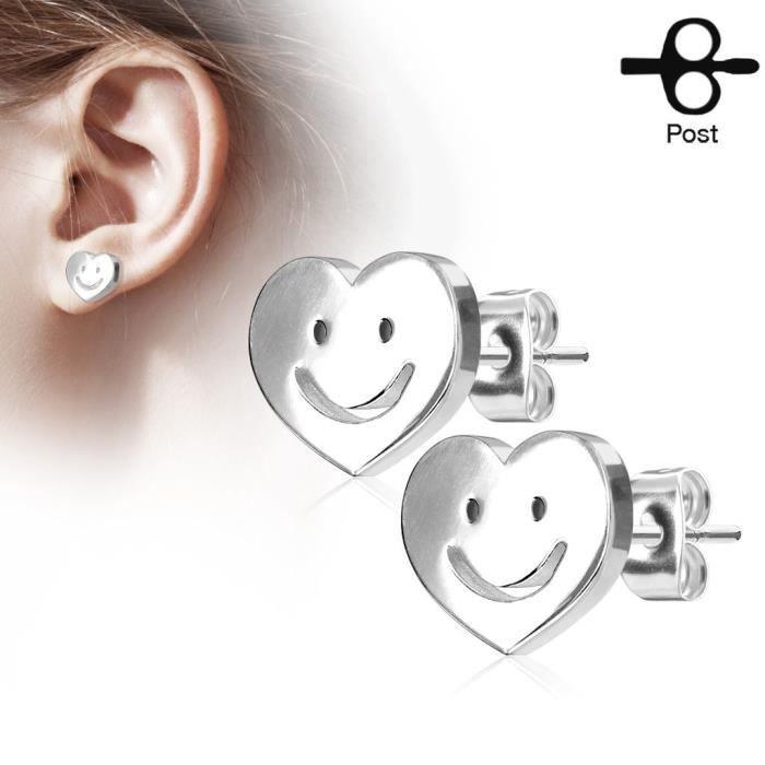 Boucles d'oreilles - HBJ - Coeur smiley - Acier inoxydable - Argenté - Clou