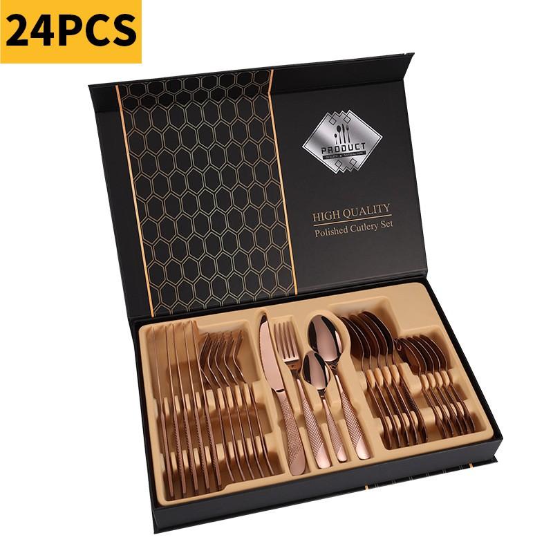 24-Piece Stainless Steel Cutlery Set With Gold-Plated Spoons Forks Knives Dinner Gift Box
