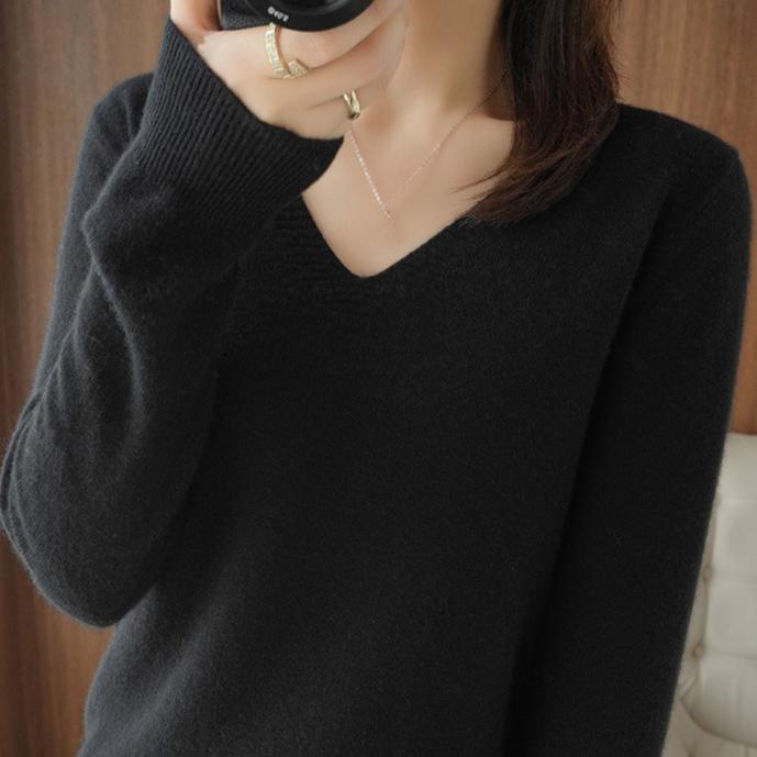 V Neck Sweater for Women Solid Long Sleeve Knit Sweaters Slim Fit Base Pullover Top