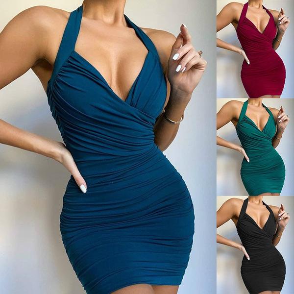 Newest Women Fashion Sexy V-neck Pleated Dress Sleeveless Bodycon Halter Dress Party Dress Solid Color