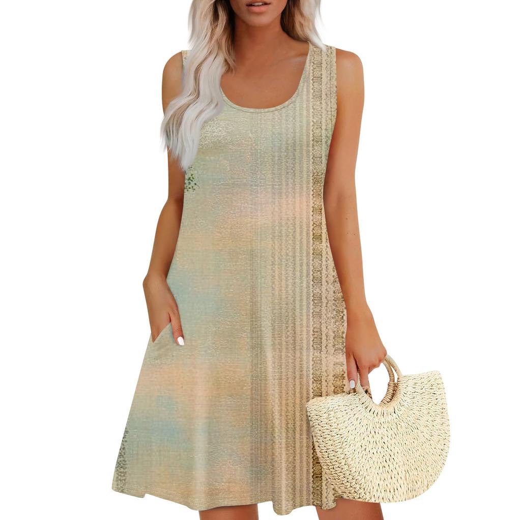 Women's Summer Casual Square Neck Floral Print Dress Sleeveless Dress With Pockets