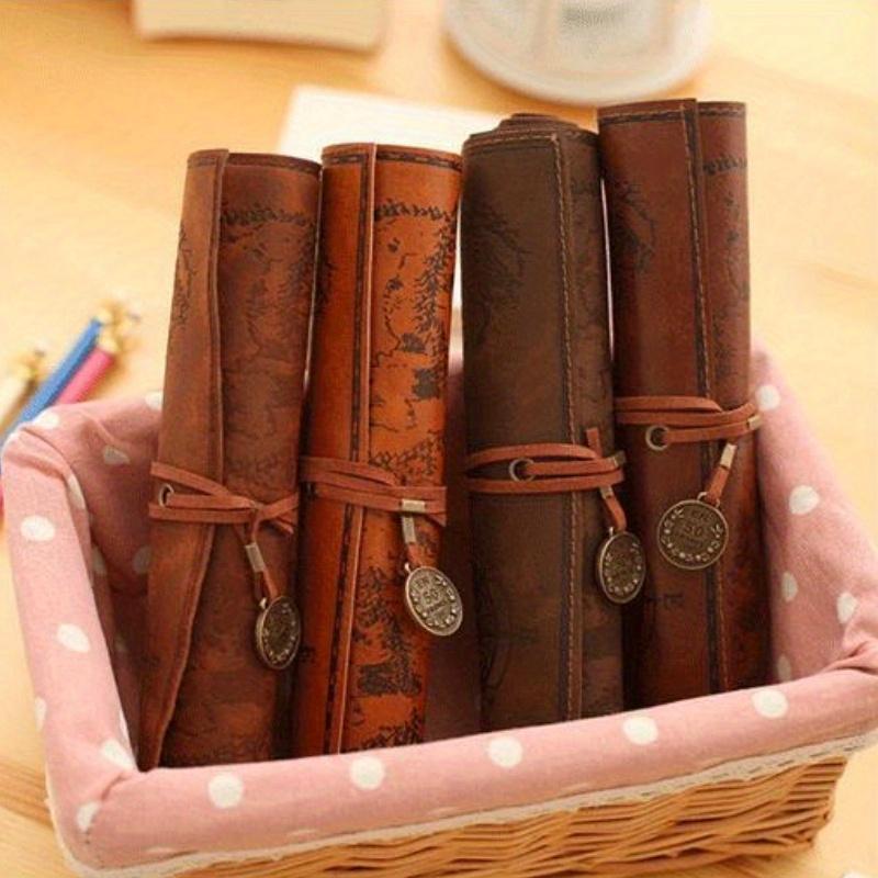 Creative Treasure Map Storage Pen Case, Simple Retro Faux Leather Large-capacity Pen Roll Case, Home & School Office Supplies.