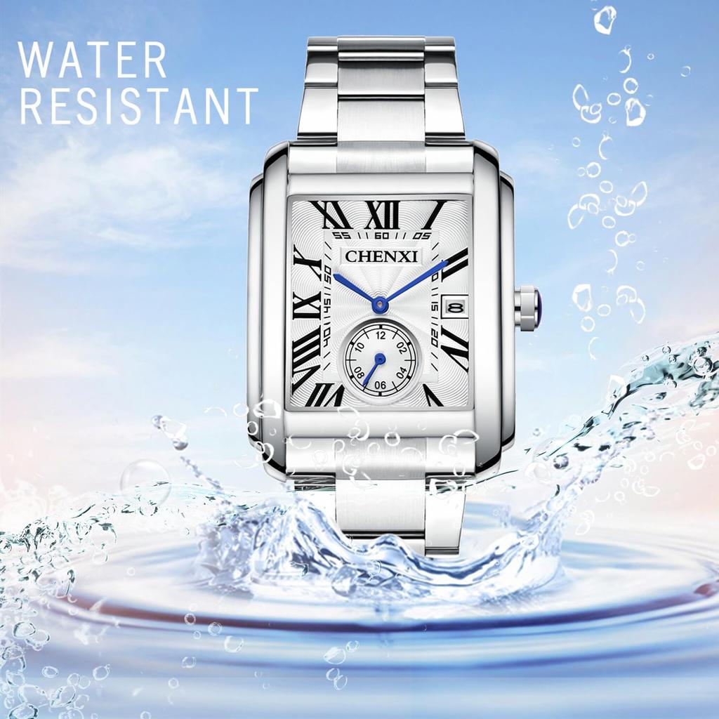 Square Watch 3ATM Waterproof Stainless Steel Roman Alphabet Analog Calendar Quartz Watch Casual Watch Simple Stylish Silver Fashion Accessories Day