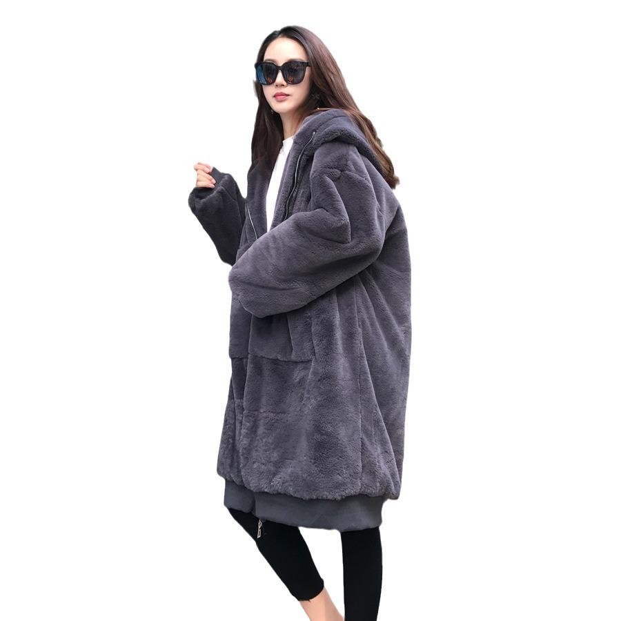 Зимняя длинная куртка большого размера из кроличьего меха, женское пальто с капюшоном, новая утолщенная теплая плюшевая одежда на молнии