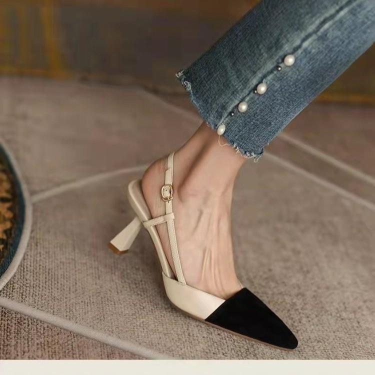 2025 Summer New Women's Shoes Color Matching Retro Pointed High Heels with Thick Heels Single Shoes Bag Head Empty Sandals