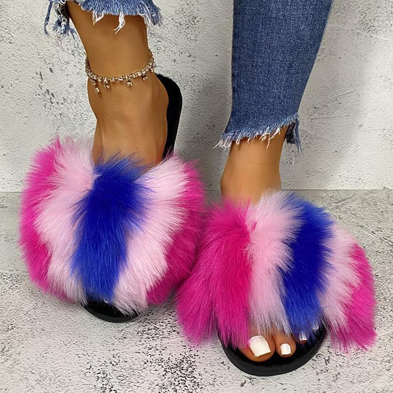 Модные Модные Пушистые Меховые Тапочки Смешанных Цветов для Женщин Зимние Теплые Уютные Домашние Тапочки Женские С Открытым Носком Нескользящие Плюшевые Тапочки для Пола